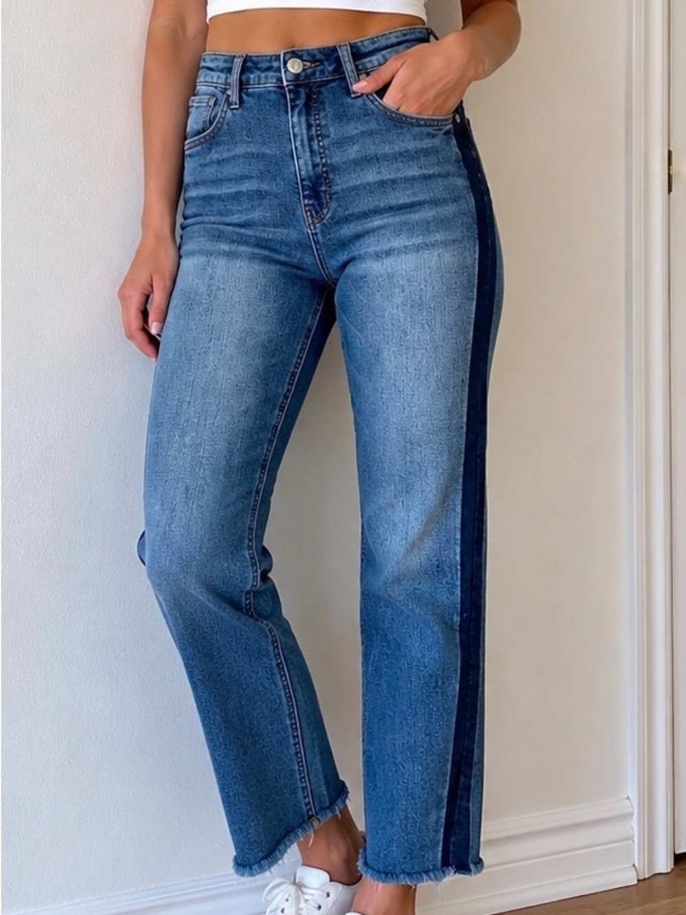 Kut from the Kloth Dark Blue Side-Stripe Cropped Jeans